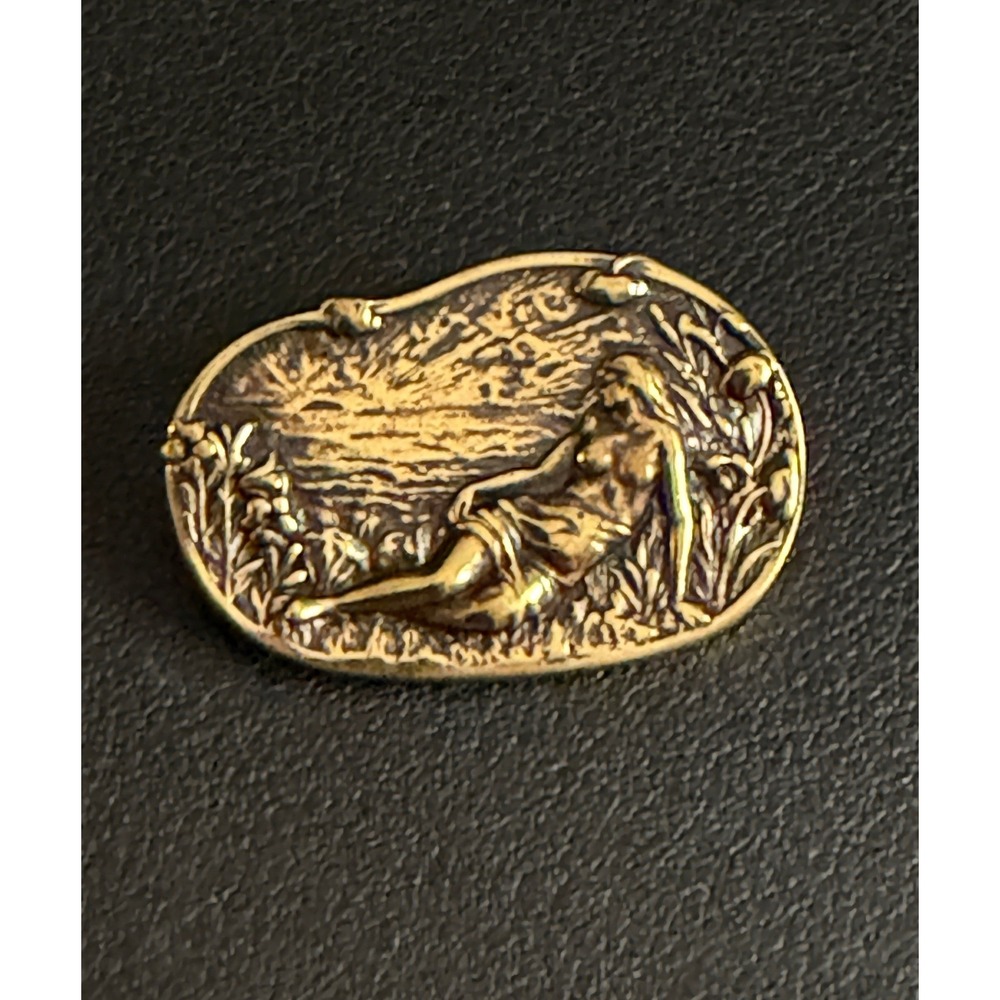 Vintage Art Nouveau Style Brooch Brass Woman Pastoral Relief